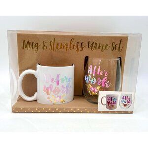NIB MUG STEMLESS WINE BOX SET BEFORE AFTER WORK PASTEL FLORAL GIFT CHRISTMAS